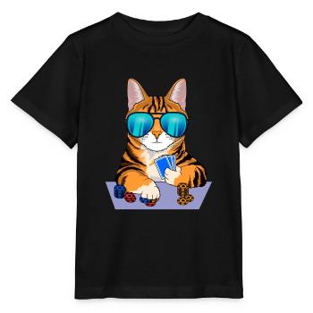 cat plays poker - Stanley/Stella MINI CREATOR Kids’ T-Shirt - black - Front - Mikhail (115cm)
