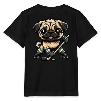 Ice hockey pug, dog in player outfit - Stanley/Stella MINI CREATOR Kids’ T-Shirt - black - Front - Mikhail (115cm)