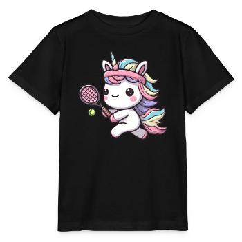 Cute Unicorn as Tennis Tennis Player - Lust - Stanley/Stella MINI CREATOR Kids’ T-Shirt - black - Front - Mikhail (115cm)