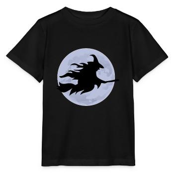 Fliegende Hexe auf Besen vor Vollmond Silhouette - Stanley/Stella Kinder T-Shirt MINI CREATOR  - Schwarz - Vorne - Mikhail (115cm)