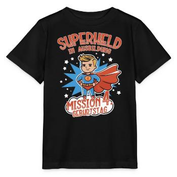 Superheld in Ausbildung 4. Geburtstag Junge blond - Stanley/Stella Kinder T-Shirt MINI CREATOR  - Schwarz - Vorne - Mikhail (115cm)