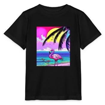 Flamant rose et palmiers - T-shirt bio MINI CREATOR Stanley/Stella Enfant - noir - Devant - Mikhail (115cm)