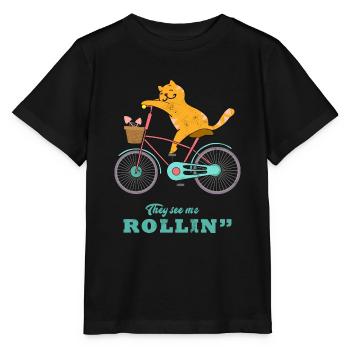 Katze Fahrrad Rollin - Stanley/Stella Kinder T-Shirt MINI CREATOR  - Schwarz - Vorne - Mikhail (115cm)