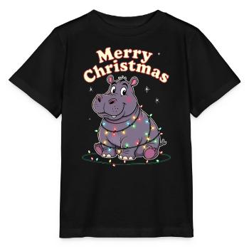 Africa Christmas Zoo Hippopotamus Merry Christmas - Stanley/Stella MINI CREATOR Kids’ T-Shirt - black - Front - Mikhail (115cm)