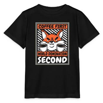 Le café d’abord, puis la domination du monde, le renard roux - T-shirt bio MINI CREATOR Stanley/Stella Enfant - noir - Devant - Mikhail (115cm)
