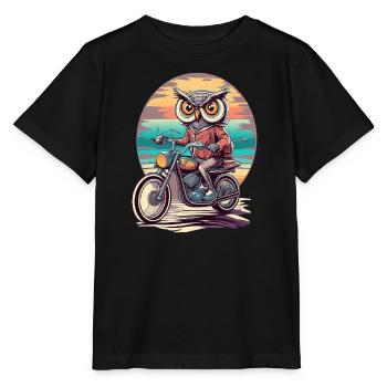 Motorradfahrt bei Sonnenuntergang im Retro-Stil mit einer weisen Eule - Stanley/Stella Kinder T-Shirt MINI CREATOR  - Schwarz - Vorne - Mikhail (115cm)