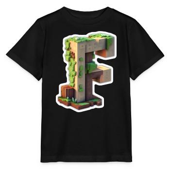Buchstabe F in 3D Pixelart Stil "Minenarbeiter" - Stanley/Stella Kinder T-Shirt MINI CREATOR  - Schwarz - Vorne - Mikhail (115cm)
