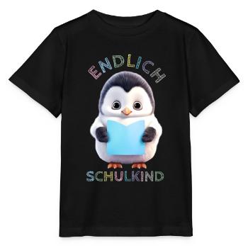 Niedlicher Pinguin mit Buch blau Endlich Schulkind - Stanley/Stella Kinder T-Shirt MINI CREATOR  - Schwarz - Vorne - Mikhail (115cm)