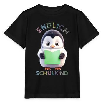 Niedlicher Pinguin mit Buch grün Endlich Schulkind - Stanley/Stella Kinder T-Shirt MINI CREATOR  - Schwarz - Vorne - Mikhail (115cm)