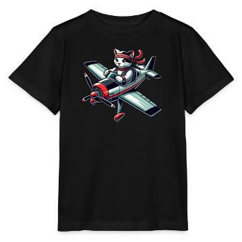 Katze Pilot Propeller Flugzeug Fliegen - Stanley/Stella Kinder T-Shirt MINI CREATOR  - Schwarz - Vorne - Mikhail (115cm)