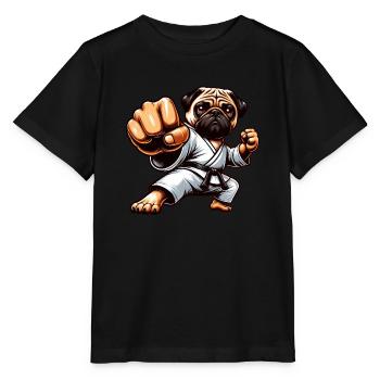 Mops Karate Cartoon Hund Martial Arts - Stanley/Stella Kinder T-Shirt MINI CREATOR  - Schwarz - Vorne - Mikhail (115cm)