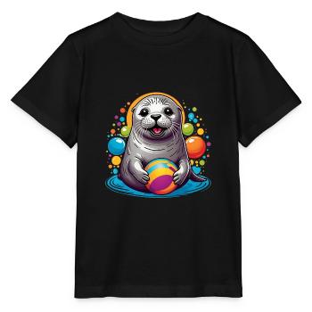 Lachender Seehund Robbe mit buntem Ball - Stanley/Stella Kinder T-Shirt MINI CREATOR  - Schwarz - Vorne - Mikhail (115cm)