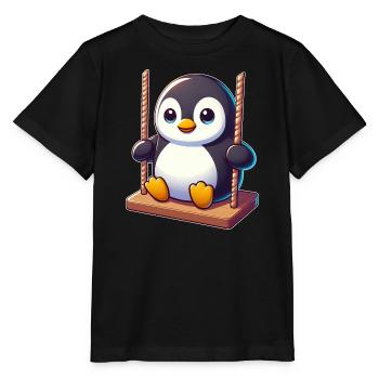 Cute Penguin on Swing Playground Cartoon - Stanley/Stella MINI CREATOR Kids’ T-Shirt - black - Front - Mikhail (115cm)