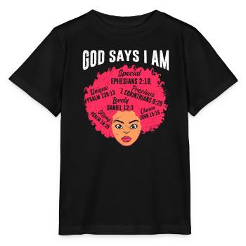 God Says Bible Woman Power Afro African Woman - Stanley/Stella MINI CREATOR Kids’ T-Shirt - black - Front - Mikhail (115cm)