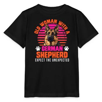 Dog mom OLD WOMAN WITH A GERMAN SHEPHERD - Stanley/Stella MINI CREATOR Kids’ T-Shirt - black - Front - Mikhail (115cm)
