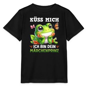 Karneval Frosch KÜSS MICH BIN DEIN MÄRCHENPRINZ - Stanley/Stella Kinder T-Shirt MINI CREATOR  - Schwarz - Vorne - Mikhail (115cm)
