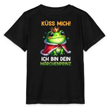 Karneval Frosch KÜSS MICH BIN DEIN MÄRCHENPRINZ - Stanley/Stella Kinder T-Shirt MINI CREATOR  - Schwarz - Vorne - Mikhail (115cm)