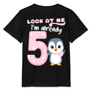 5th Children's Birthday Party, 5 Years Old, Kawaii Penguin - Stanley/Stella MINI CREATOR Kids’ T-Shirt - black - Front - Mikhail (115cm)