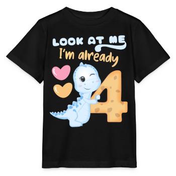 4e anniversaire, 4 ans, dinosaure kawaii - T-shirt bio MINI CREATOR Stanley/Stella Enfant - noir - Devant - Mikhail (115cm)