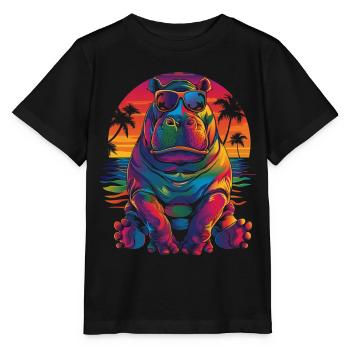 Nilpferd Hippopotamus Sonnenbrille Strand Popart - Stanley/Stella Kinder T-Shirt MINI CREATOR  - Schwarz - Vorne - Mikhail (115cm)
