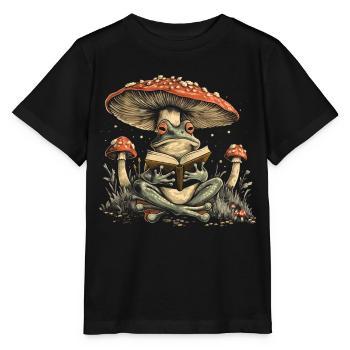 Cottagecore Aesthetic Frog Reading Book Mushroom Gobl - Stanley/Stella MINI CREATOR Kids’ T-Shirt - black - Front - Mikhail (115cm)