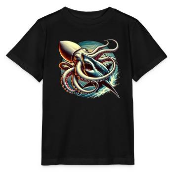 Tiefsee - Hai vs. Kalmar - Stanley/Stella Kinder T-Shirt MINI CREATOR  - Schwarz - Vorne - Mikhail (115cm)