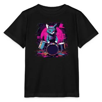 Cat Drummer Music Animal Drums Wild Cat - T-shirt bio MINI CREATOR Stanley/Stella Enfant - noir - Devant - Mikhail (115cm)