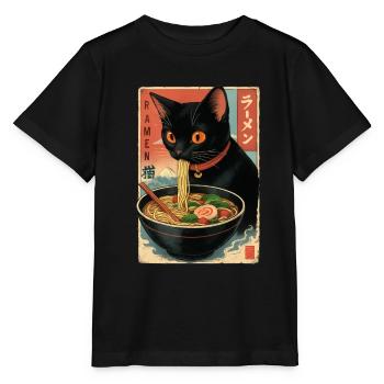 Asia Cat Eating Ramen Illustration - Stanley/Stella Kinder T-Shirt MINI CREATOR  - Schwarz - Vorne - Mikhail (115cm)