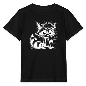 Verschlafener müder Waschbär mit Kaffeetasse - Stanley/Stella Kinder T-Shirt MINI CREATOR  - Schwarz - Vorne - Mikhail (115cm)