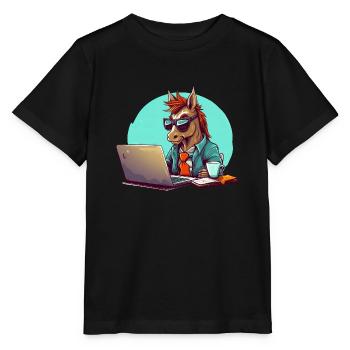 Horse Power CEO - Café et ordinateur portable en entreprise - T-shirt bio MINI CREATOR Stanley/Stella Enfant - noir - Devant - Mikhail (115cm)