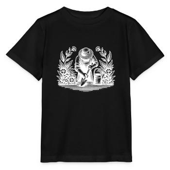 Hobbygärtner beim gärtnern im Blumenbeet - Stanley/Stella Kinder T-Shirt MINI CREATOR  - Schwarz - Vorne - Mikhail (115cm)