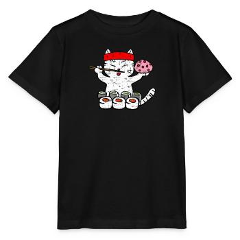 Cat eating sushi with chopsticks grunge - Stanley/Stella MINI CREATOR Kids’ T-Shirt - black - Front - Mikhail (115cm)