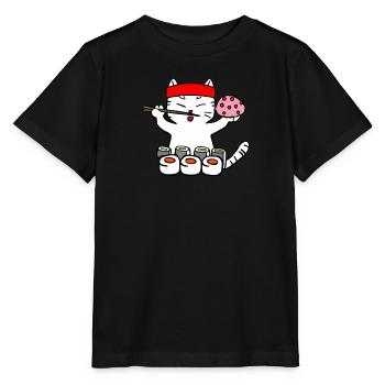 Cat eats sushi with chopsticks - Stanley/Stella MINI CREATOR Kids’ T-Shirt - black - Front - Mikhail (115cm)