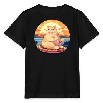 Sonnenuntergangs-Schmaus: Mollige Katze genießt - Stanley/Stella Kinder T-Shirt MINI CREATOR  - Schwarz - Vorne - Mikhail (115cm)