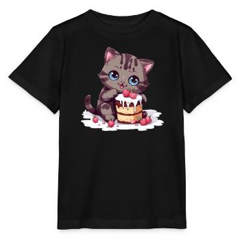 Cherry pie delight: Cute cartoon cat nibbles - Stanley/Stella MINI CREATOR Kids’ T-Shirt - black - Front - Mikhail (115cm)