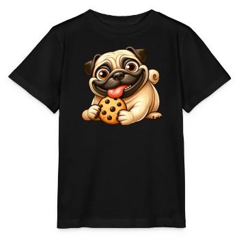 Mops mit Cookie Süßigkeiten Nachtisch - Stanley/Stella Kinder T-Shirt MINI CREATOR  - Schwarz - Vorne - Mikhail (115cm)