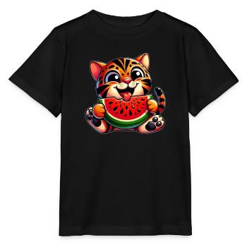 Bengalkatze Tiger Mit Wassermelone Fruchtig - Stanley/Stella Kinder T-Shirt MINI CREATOR  - Schwarz - Vorne - Mikhail (115cm)