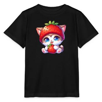 Katze mit Erdbeerhut süß fruchtig skurril - Stanley/Stella Kinder T-Shirt MINI CREATOR  - Schwarz - Vorne - Mikhail (115cm)