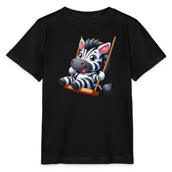 Cute Zebra on Swing Playground Cartoon - Stanley/Stella MINI CREATOR Kids’ T-Shirt - black - Front - Mikhail (115cm)