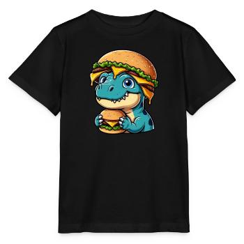 Dino T-Rex satisfait avec Hamburger Cheeseburger - T-shirt bio MINI CREATOR Stanley/Stella Enfant - noir - Devant - Mikhail (115cm)