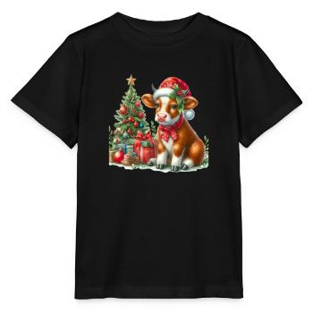Weihnachtliches Kalb mit Weihnachtsbaum und - Stanley/Stella Kinder T-Shirt MINI CREATOR  - Schwarz - Vorne - Mikhail (115cm)
