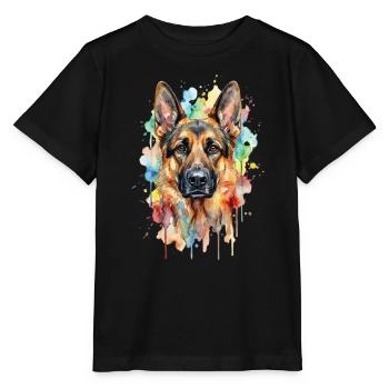 Portrait de chien de berger à l’aquarelle - T-shirt bio MINI CREATOR Stanley/Stella Enfant - noir - Devant - Mikhail (115cm)