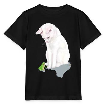 White cat with green frog - Stanley/Stella MINI CREATOR Kids’ T-Shirt - black - Front - Mikhail (115cm)
