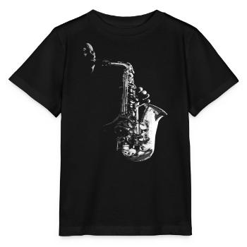 SAXOPHON, SAXOPHON UND SAXOPHONIST AUF SCHWARZ - Stanley/Stella Kinder T-Shirt MINI CREATOR  - Schwarz - Vorne - Mikhail (115cm)