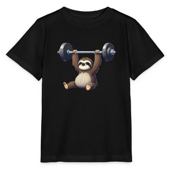 Faultier Hantel Workout Fitness Anstrengend Lustig - Stanley/Stella Kinder T-Shirt MINI CREATOR  - Schwarz - Vorne - Mikhail (115cm)