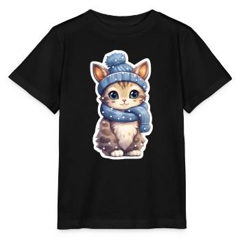 Cute kitten in the snow - Stanley/Stella MINI CREATOR Kids’ T-Shirt - black - Front - Mikhail (115cm)