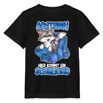 Achtung hier kommt ein Schulkind Einschulung Katze - Stanley/Stella Kinder T-Shirt MINI CREATOR  - Schwarz - Vorne - Mikhail (115cm)