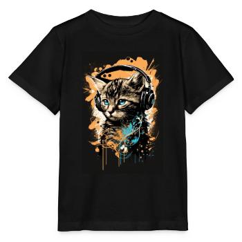 Katze Headphones Kopfhörer Musik - Stanley/Stella Kinder T-Shirt MINI CREATOR  - Schwarz - Vorne - Mikhail (115cm)