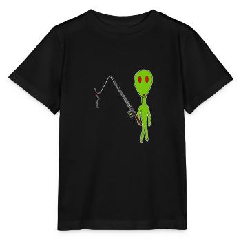 Funny alien with fishing route - Stanley/Stella MINI CREATOR Kids’ T-Shirt - black - Front - Mikhail (115cm)