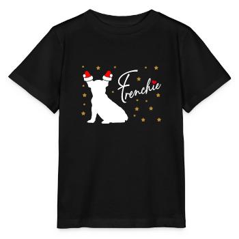 Frenchie with Santa hat and poinsettias - Stanley/Stella MINI CREATOR Kids’ T-Shirt - black - Front - Mikhail (115cm)